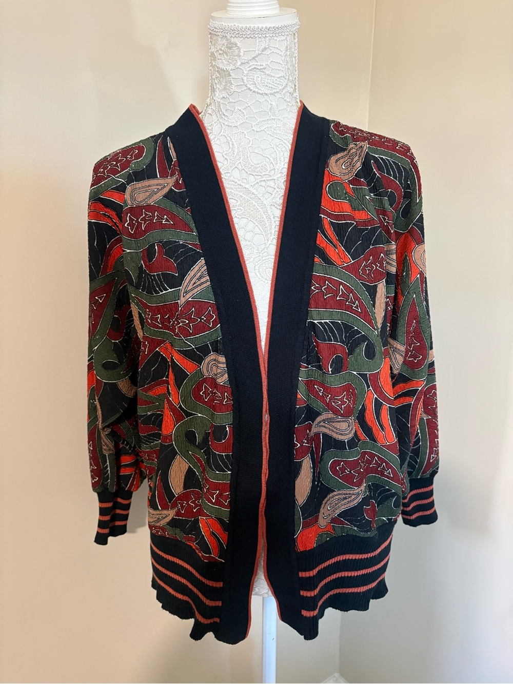 Vintage N.G.R. Multi-Color Paisley Cardigan Jacket Open Front Made in Korea OS